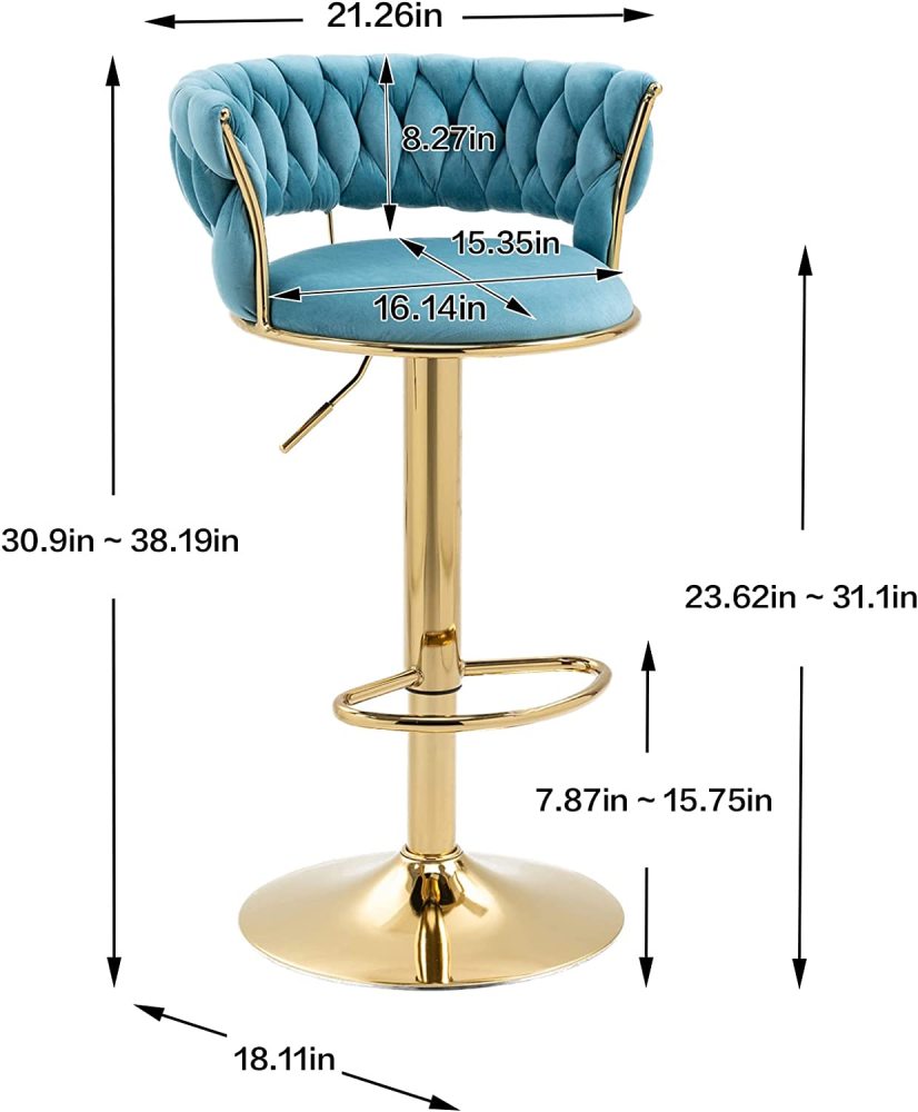 SZLIZCCC Velvet Woven Barstools Set of 2, Height Adjustable Kitchen Counter Stool, Island Chair, 360°Swivel Bar Chairs Gold Metal Chassis and Low Back Bar Stool