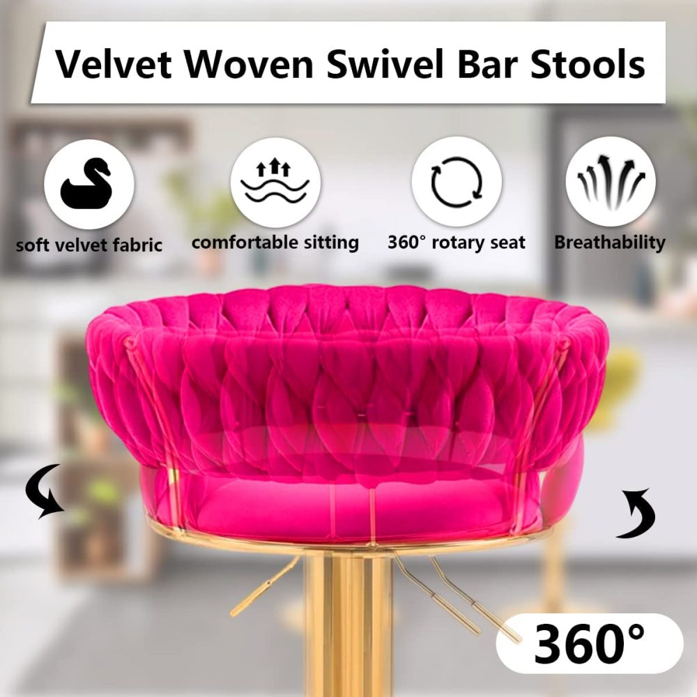 SZLIZCCC Velvet Woven Barstools Set of 2, Height Adjustable Kitchen Counter Stool, Island Chair, 360°Swivel Bar Chairs Gold Metal Chassis and Low Back Bar Stool