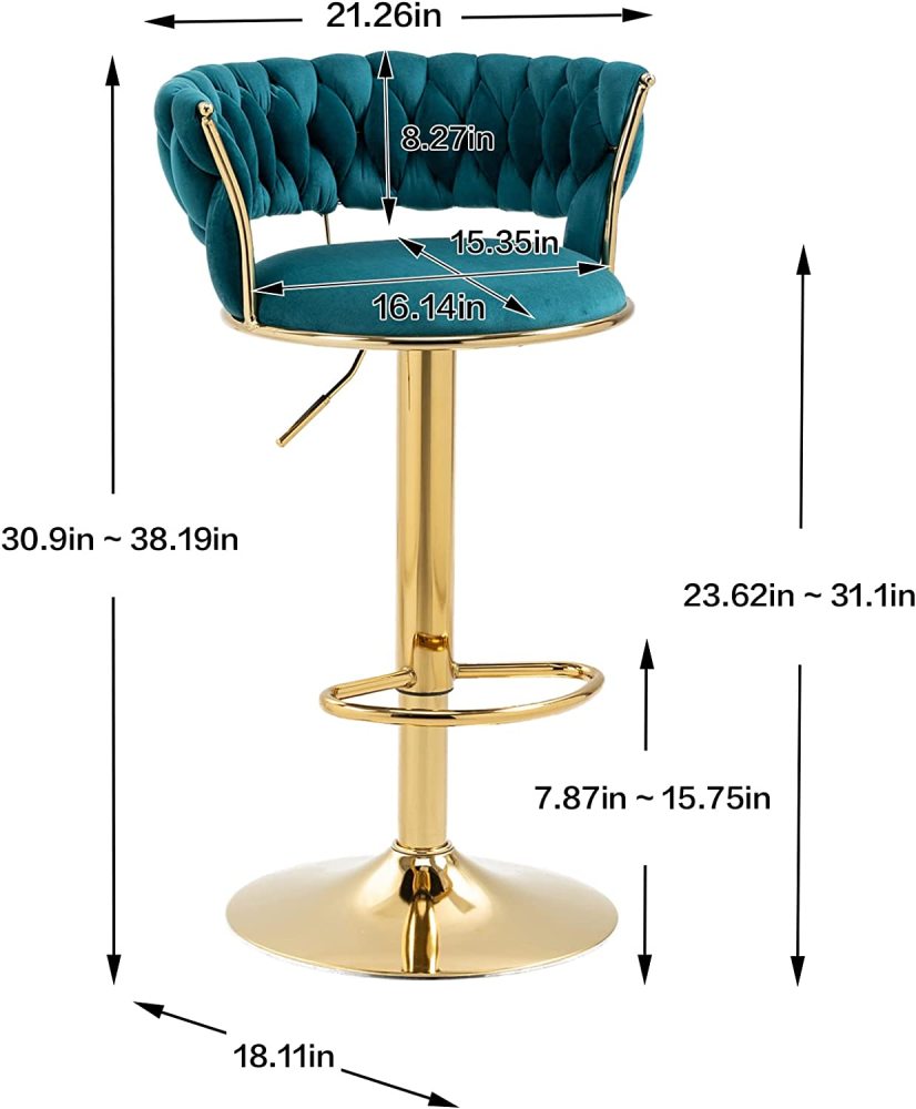 SZLIZCCC Velvet Woven Barstools Set of 2, Height Adjustable Kitchen Counter Stool, Island Chair, 360°Swivel Bar Chairs Gold Metal Chassis and Low Back Bar Stool