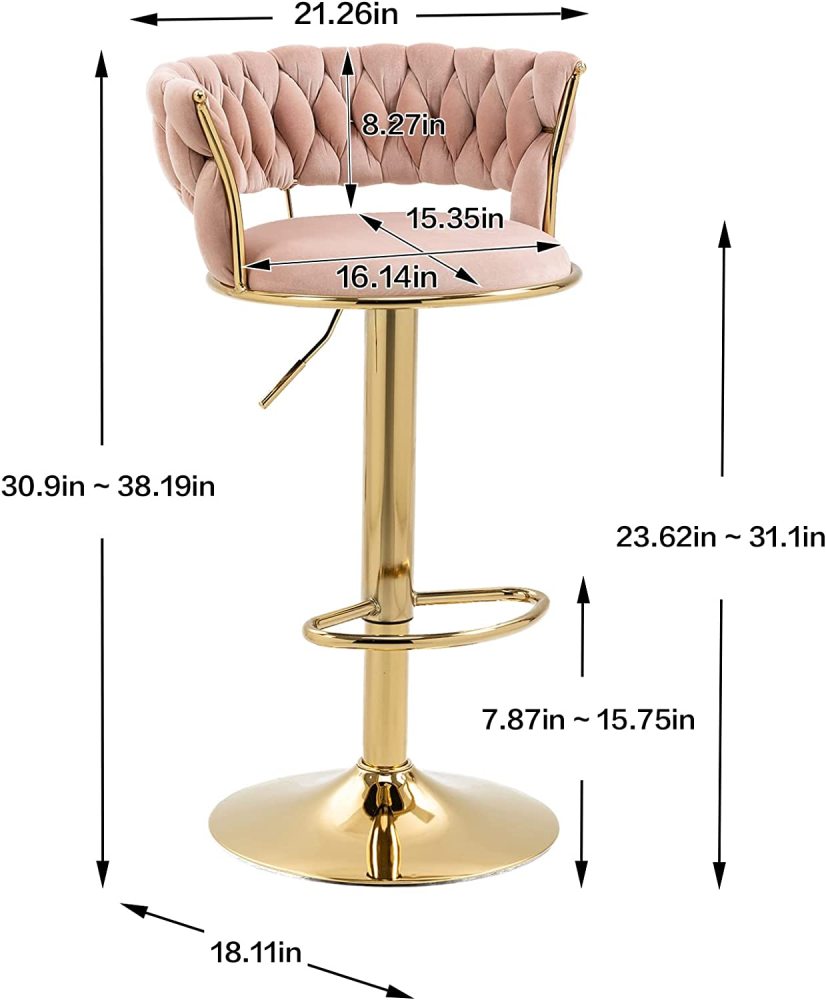 SZLIZCCC Velvet Woven Barstools Set of 2, Height Adjustable Kitchen Counter Stool, Island Chair, 360°Swivel Bar Chairs Gold Metal Chassis and Low Back Bar Stool