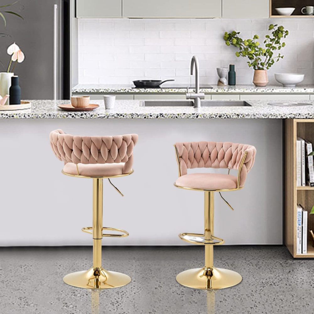 SZLIZCCC Velvet Woven Barstools Set of 2, Height Adjustable Kitchen Counter Stool, Island Chair, 360°Swivel Bar Chairs Gold Metal Chassis and Low Back Bar Stool