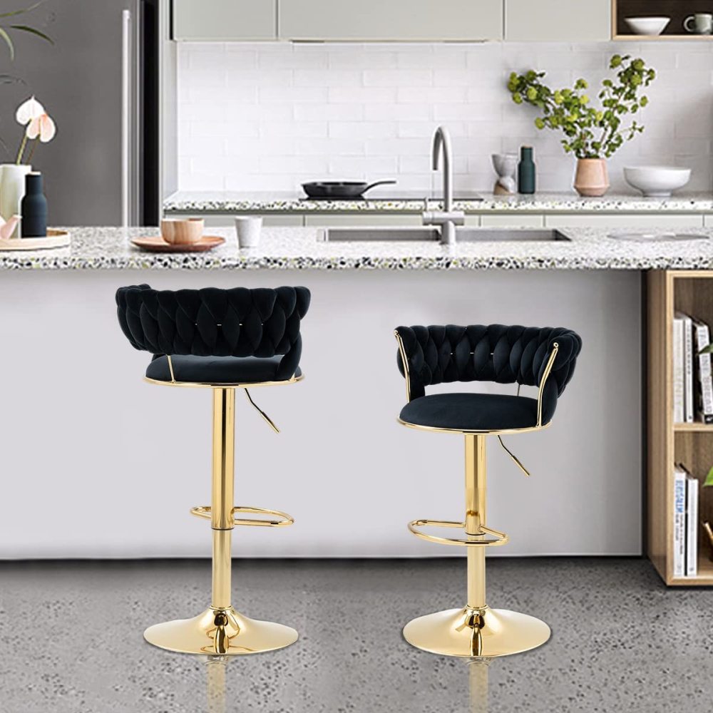 SZLIZCCC Velvet Woven Barstools Set of 2, Height Adjustable Kitchen Counter Stool, Island Chair, 360°Swivel Bar Chairs Gold Metal Chassis and Low Back Bar Stool