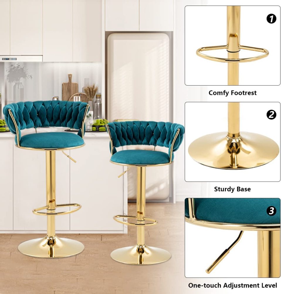 SZLIZCCC Velvet Woven Barstools Set of 2, Height Adjustable Kitchen Counter Stool, Island Chair, 360°Swivel Bar Chairs Gold Metal Chassis and Low Back Bar Stool