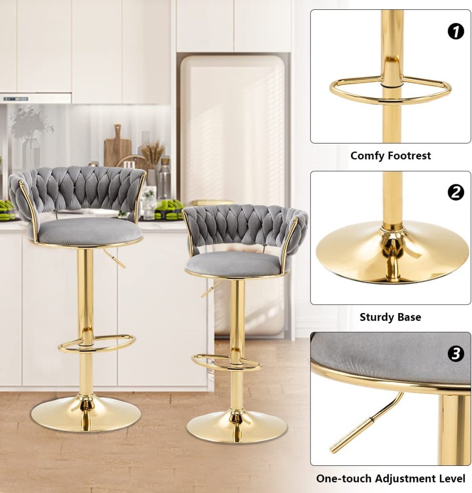 SZLIZCCC Velvet Woven Barstools Set of 2, Height Adjustable Kitchen Counter Stool, Island Chair, 360°Swivel Bar Chairs Gold Metal Chassis and Low Back Bar Stool