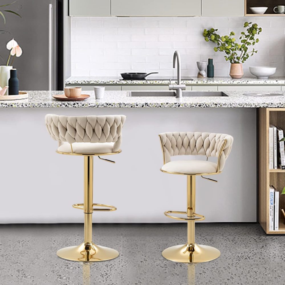 SZLIZCCC Velvet Woven Barstools Set of 2, Height Adjustable Kitchen Counter Stool, Island Chair, 360°Swivel Bar Chairs Gold Metal Chassis and Low Back Bar Stool