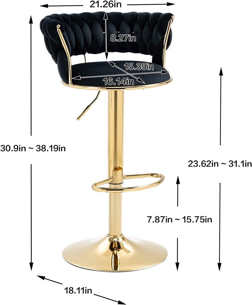 SZLIZCCC Velvet Woven Barstools Set of 2, Height Adjustable Kitchen Counter Stool, Island Chair, 360°Swivel Bar Chairs Gold Metal Chassis and Low Back Bar Stool