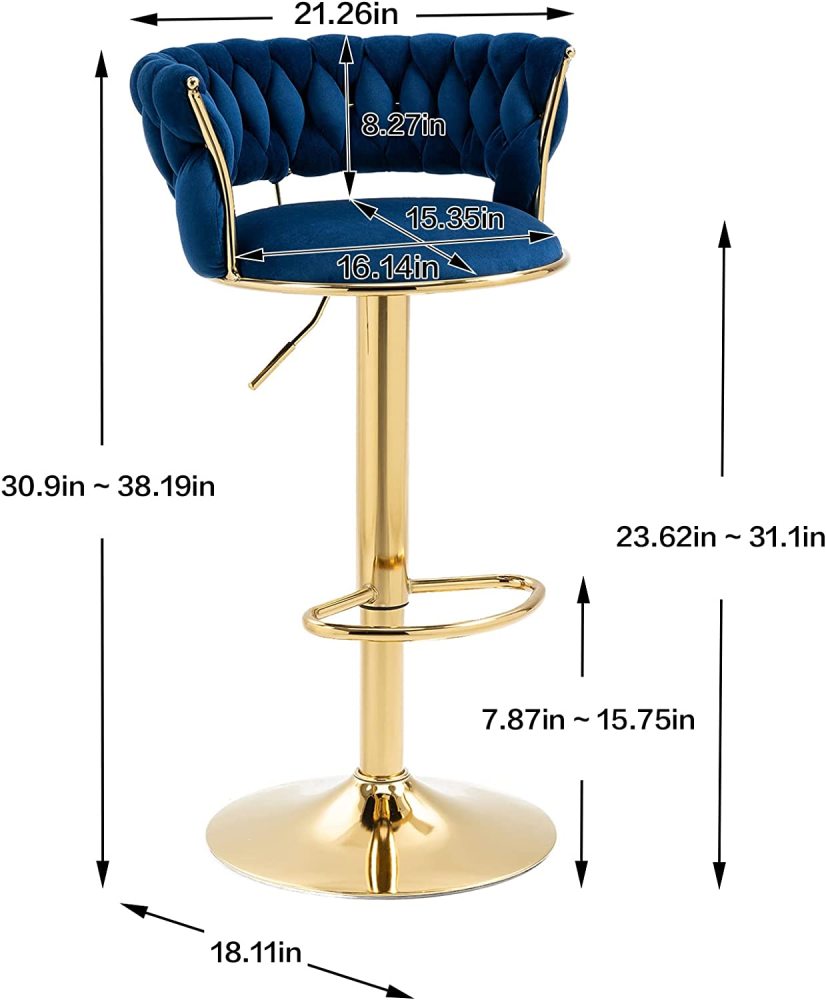 SZLIZCCC Velvet Woven Barstools Set of 2, Height Adjustable Kitchen Counter Stool, Island Chair, 360°Swivel Bar Chairs Gold Metal Chassis and Low Back Bar Stool