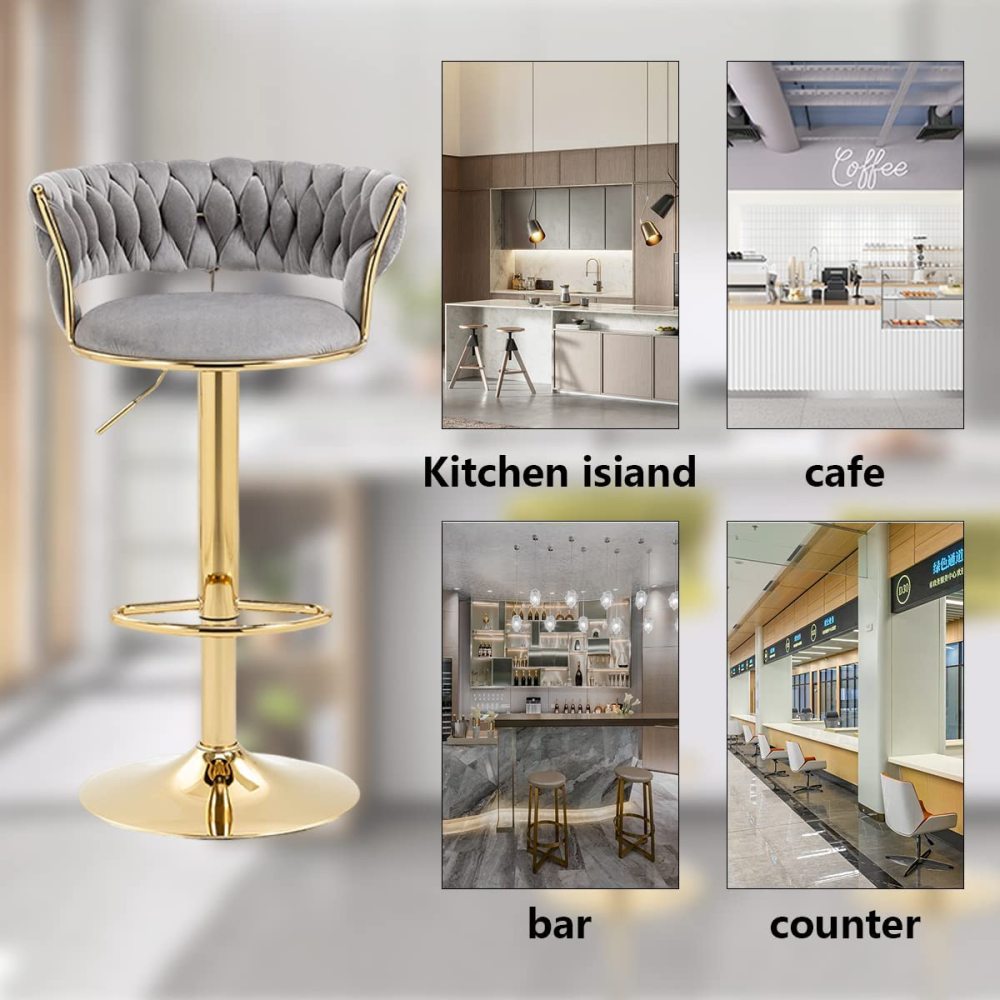 SZLIZCCC Velvet Woven Barstools Set of 2, Height Adjustable Kitchen Counter Stool, Island Chair, 360°Swivel Bar Chairs Gold Metal Chassis and Low Back Bar Stool