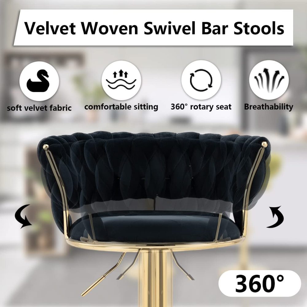 SZLIZCCC Velvet Woven Barstools Set of 2, Height Adjustable Kitchen Counter Stool, Island Chair, 360°Swivel Bar Chairs Gold Metal Chassis and Low Back Bar Stool