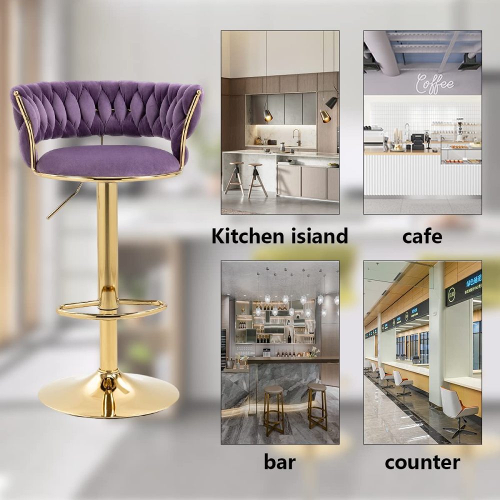 SZLIZCCC Velvet Woven Barstools Set of 2, Height Adjustable Kitchen Counter Stool, Island Chair, 360°Swivel Bar Chairs Gold Metal Chassis and Low Back Bar Stool