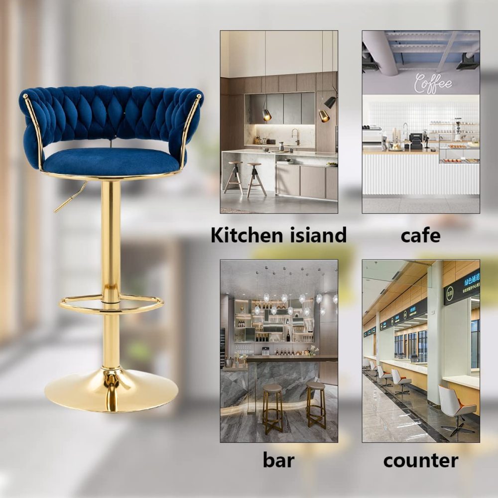 SZLIZCCC Velvet Woven Barstools Set of 2, Height Adjustable Kitchen Counter Stool, Island Chair, 360°Swivel Bar Chairs Gold Metal Chassis and Low Back Bar Stool