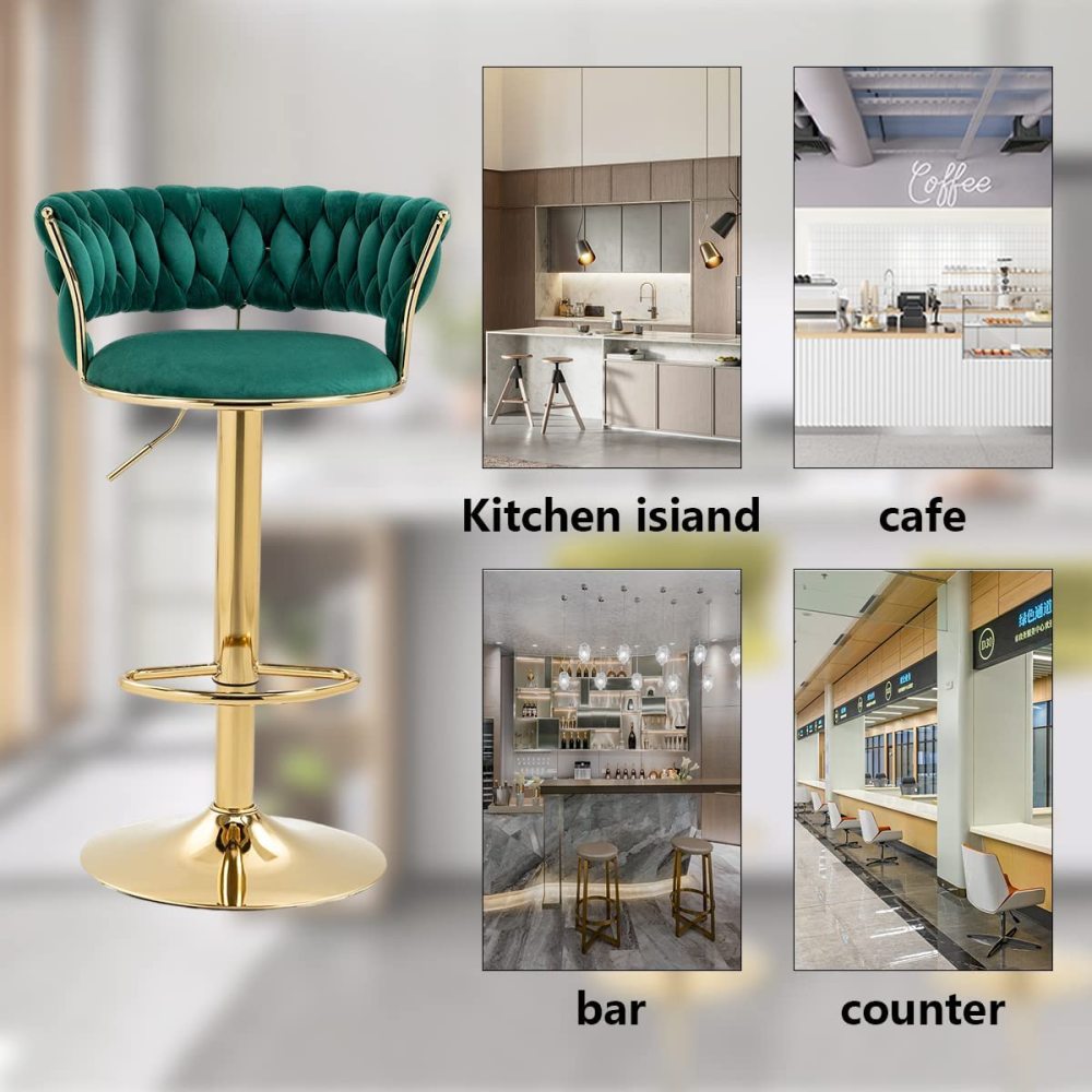 PEIHONGET Velvet Woven Barstools Set of 2, Height Adjustable Kitchen Counter Stool, Island Chair, 360°Swivel Bar Chairs Gold Metal Chassis and Low Back Bar Stool