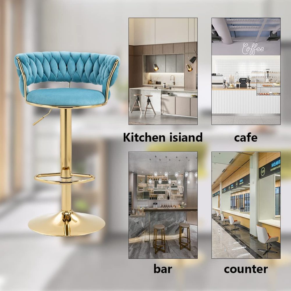 SZLIZCCC Velvet Woven Barstools Set of 2, Height Adjustable Kitchen Counter Stool, Island Chair, 360°Swivel Bar Chairs Gold Metal Chassis and Low Back Bar Stool