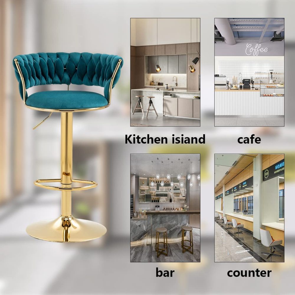 SZLIZCCC Velvet Woven Barstools Set of 2, Height Adjustable Kitchen Counter Stool, Island Chair, 360°Swivel Bar Chairs Gold Metal Chassis and Low Back Bar Stool