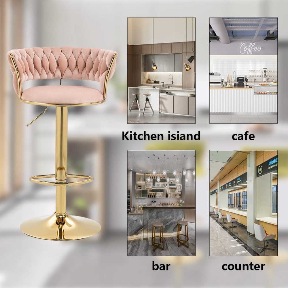 SZLIZCCC Velvet Woven Barstools Set of 2, Height Adjustable Kitchen Counter Stool, Island Chair, 360°Swivel Bar Chairs Gold Metal Chassis and Low Back Bar Stool