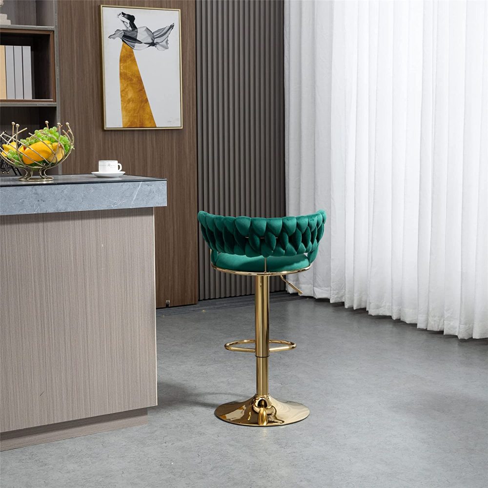 PEIHONGET Velvet Woven Barstools Set of 2, Height Adjustable Kitchen Counter Stool, Island Chair, 360°Swivel Bar Chairs Gold Metal Chassis and Low Back Bar Stool