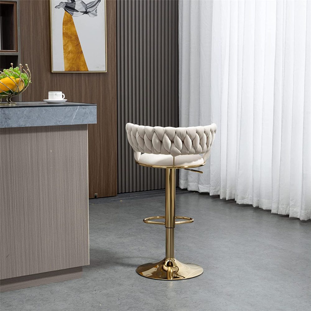 SZLIZCCC Velvet Woven Barstools Set of 2, Height Adjustable Kitchen Counter Stool, Island Chair, 360°Swivel Bar Chairs Gold Metal Chassis and Low Back Bar Stool