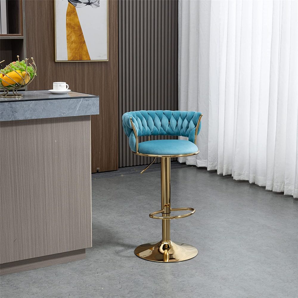 SZLIZCCC Velvet Woven Barstools Set of 2, Height Adjustable Kitchen Counter Stool, Island Chair, 360°Swivel Bar Chairs Gold Metal Chassis and Low Back Bar Stool