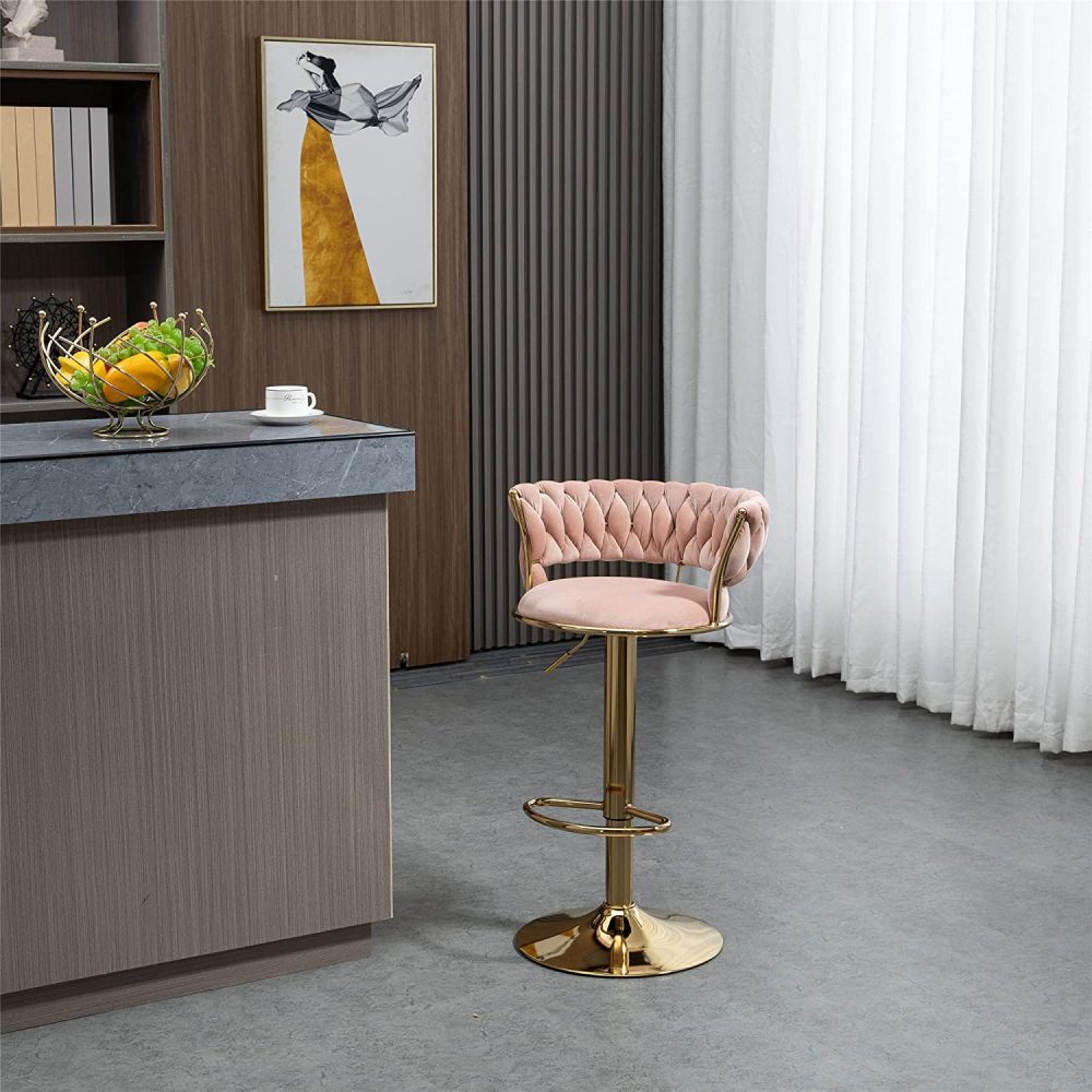 SZLIZCCC Velvet Woven Barstools Set of 2, Height Adjustable Kitchen Counter Stool, Island Chair, 360°Swivel Bar Chairs Gold Metal Chassis and Low Back Bar Stool