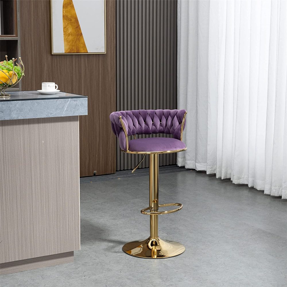 SZLIZCCC Velvet Woven Barstools Set of 2, Height Adjustable Kitchen Counter Stool, Island Chair, 360°Swivel Bar Chairs Gold Metal Chassis and Low Back Bar Stool