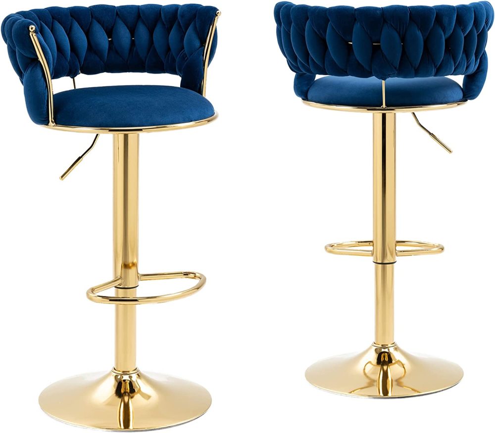 SZLIZCCC Velvet Woven Barstools Set of 2, Height Adjustable Kitchen Counter Stool, Island Chair, 360°Swivel Bar Chairs Gold Metal Chassis and Low Back Bar Stool