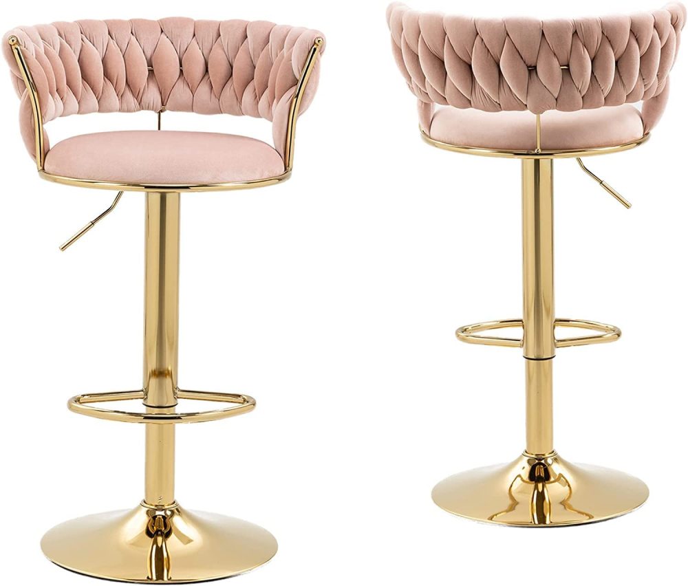 SZLIZCCC Velvet Woven Barstools Set of 2, Height Adjustable Kitchen Counter Stool, Island Chair, 360°Swivel Bar Chairs Gold Metal Chassis and Low Back Bar Stool
