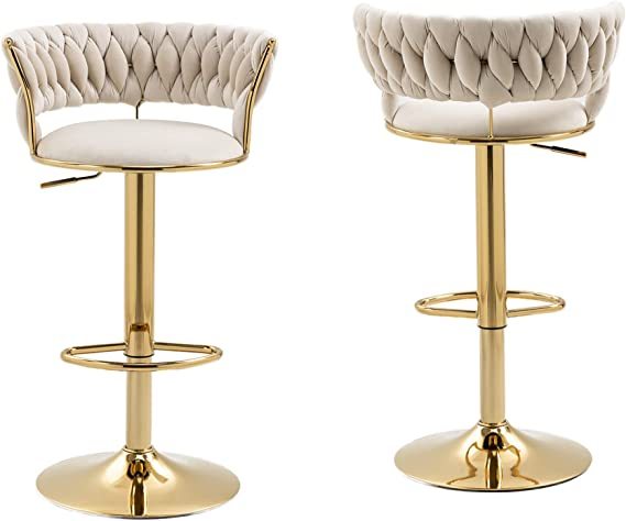 SZLIZCCC Velvet Woven Barstools Set of 2, Height Adjustable Kitchen Counter Stool, Island Chair, 360°Swivel Bar Chairs Gold Metal Chassis and Low Back Bar Stool