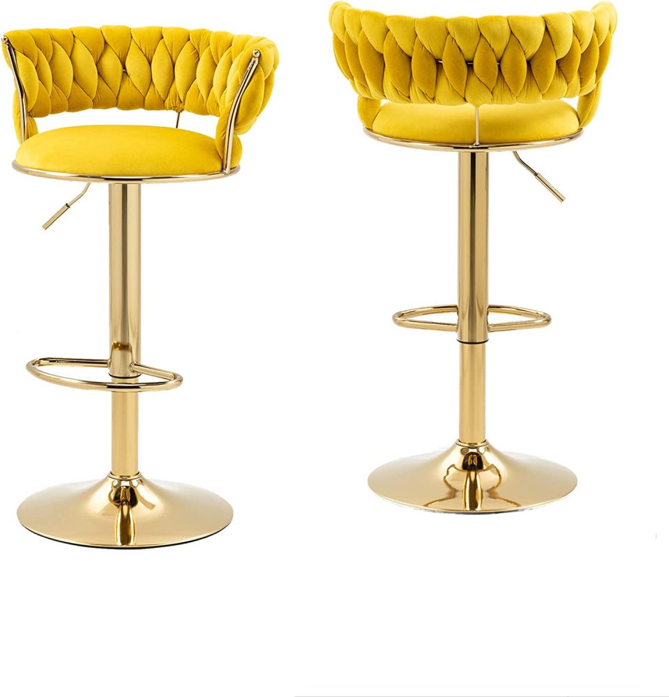SZLIZCCC Velvet Woven Barstools Set of 2, Height Adjustable Kitchen Counter Stool, Island Chair, 360°Swivel Bar Chairs Gold Metal Chassis and Low Back Bar Stool