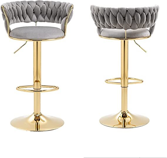 SZLIZCCC Velvet Woven Barstools Set of 2, Height Adjustable Kitchen Counter Stool, Island Chair, 360°Swivel Bar Chairs Gold Metal Chassis and Low Back Bar Stool