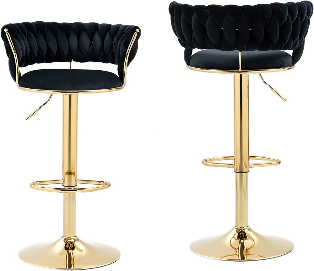 SZLIZCCC Velvet Woven Barstools Set of 2, Height Adjustable Kitchen Counter Stool, Island Chair, 360°Swivel Bar Chairs Gold Metal Chassis and Low Back Bar Stool