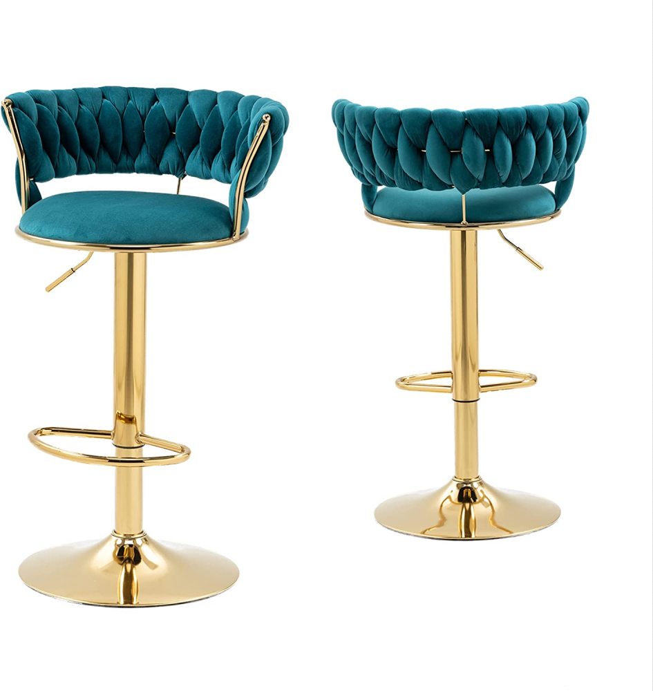 SZLIZCCC Velvet Woven Barstools Set of 2, Height Adjustable Kitchen Counter Stool, Island Chair, 360°Swivel Bar Chairs Gold Metal Chassis and Low Back Bar Stool