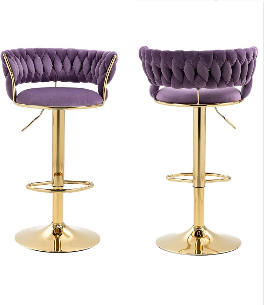 SZLIZCCC Velvet Woven Barstools Set of 2, Height Adjustable Kitchen Counter Stool, Island Chair, 360°Swivel Bar Chairs Gold Metal Chassis and Low Back Bar Stool