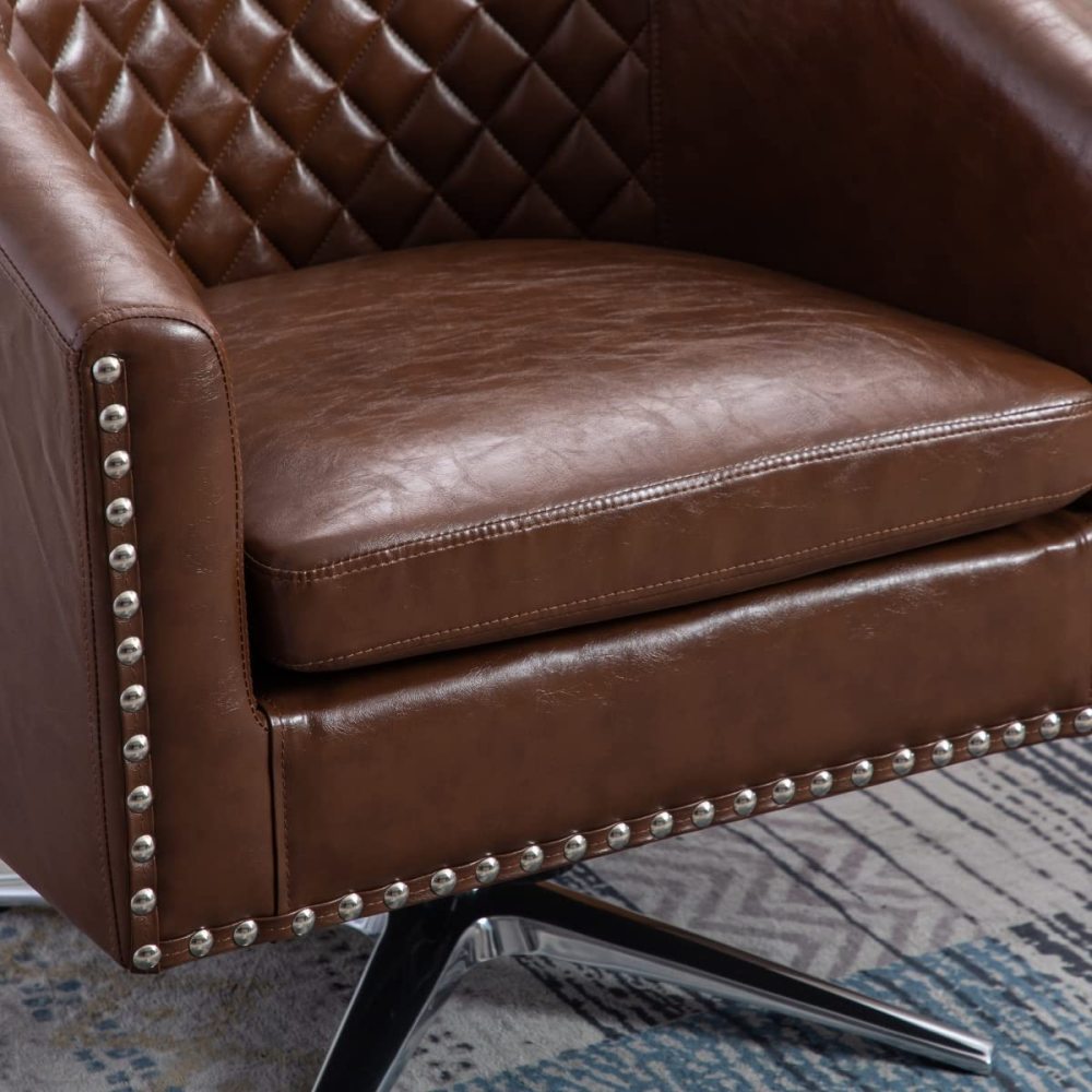 SZLIZCCC PU Swivel Barrel Chair, Velvet Swivel Accent Chair for Living Room with Nailheads and Metal Base 360 Degree Swivel Bucket Chair Armchair for Bedroom, Hotel, Office, Lounge, Nursery