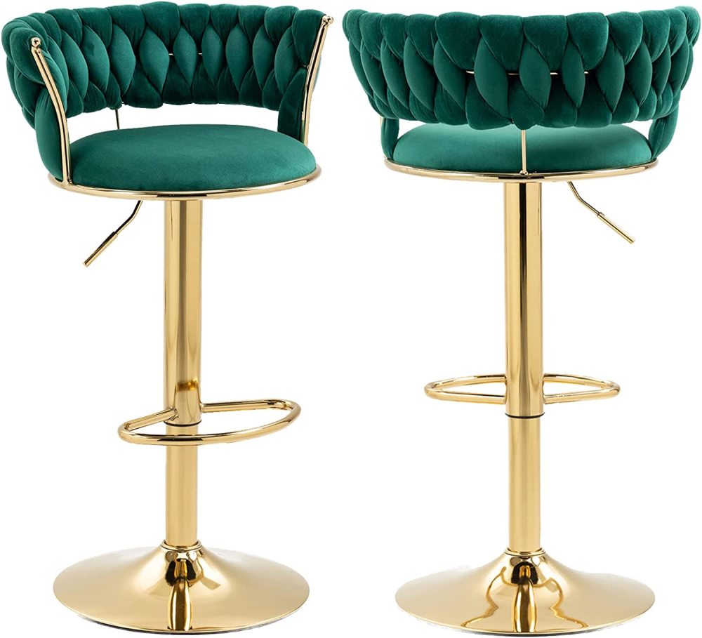 PEIHONGET Velvet Woven Barstools Set of 2, Height Adjustable Kitchen Counter Stool, Island Chair, 360°Swivel Bar Chairs Gold Metal Chassis and Low Back Bar Stool