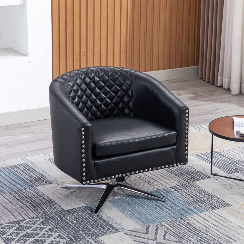 SZLIZCCC PU Swivel Barrel Chair, Velvet Swivel Accent Chair for Living Room with Nailheads and Metal Base 360 Degree Swivel Bucket Chair Armchair for Bedroom, Hotel, Office, Lounge, Nursery