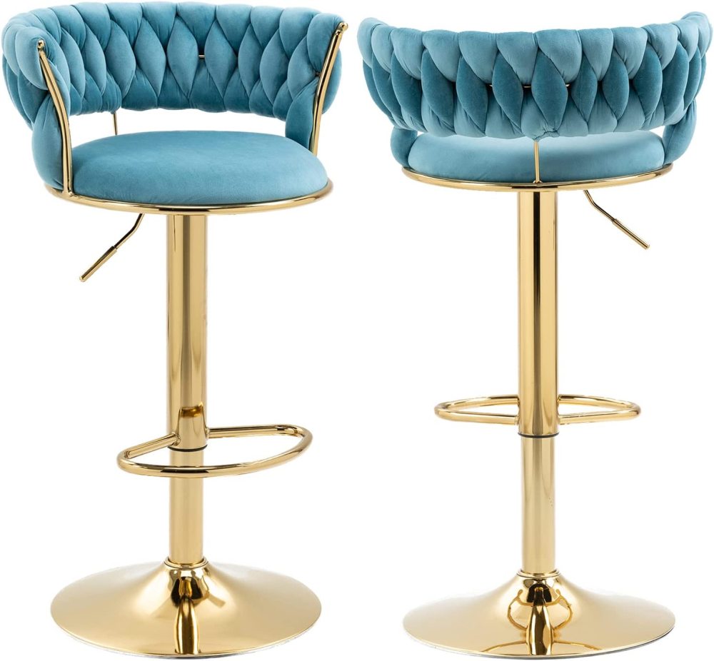 SZLIZCCC Velvet Woven Barstools Set of 2, Height Adjustable Kitchen Counter Stool, Island Chair, 360°Swivel Bar Chairs Gold Metal Chassis and Low Back Bar Stool