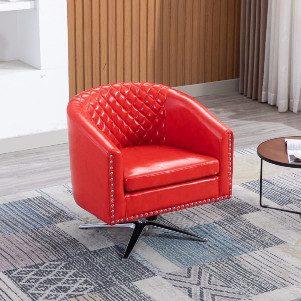 SZLIZCCC PU Swivel Barrel Chair, Velvet Swivel Accent Chair for Living Room with Nailheads and Metal Base 360 Degree Swivel Bucket Chair Armchair for Bedroom, Hotel, Office, Lounge, Nursery