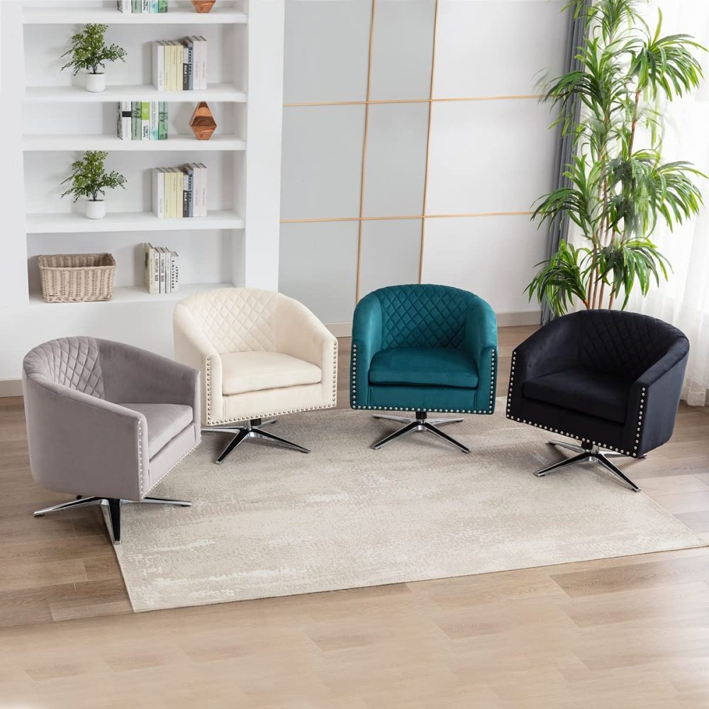 SZLIZCCC Swivel Barrel Chair, Velvet Swivel Accent Chair for Living Room with Nailheads and Metal Base 360 Degree Swivel Bucket Chair Armchair for Bedroom, Hotel, Office, Lounge, Nursery