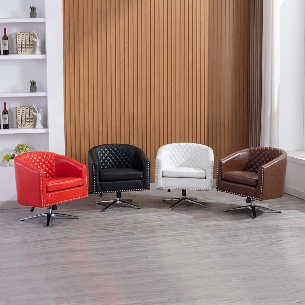 SZLIZCCC PU Swivel Barrel Chair, Velvet Swivel Accent Chair for Living Room with Nailheads and Metal Base 360 Degree Swivel Bucket Chair Armchair for Bedroom, Hotel, Office, Lounge, Nursery