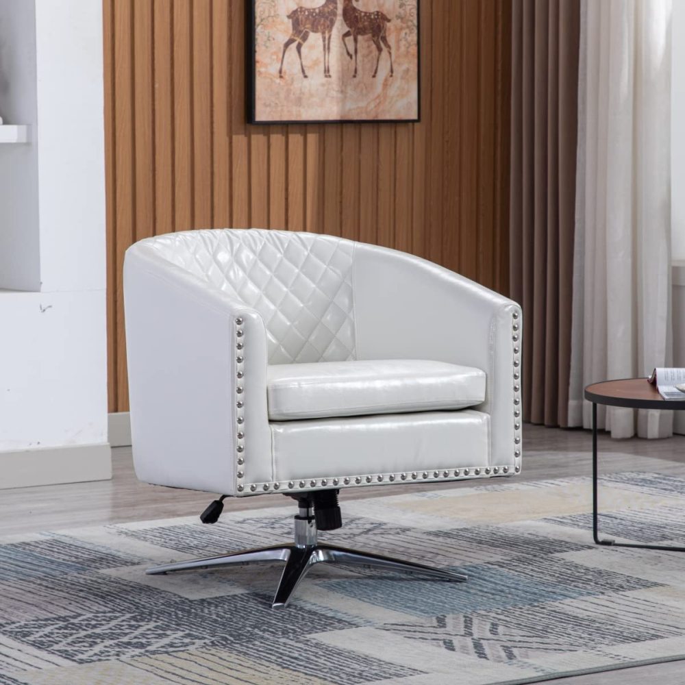 SZLIZCCC PU Swivel Barrel Chair, Velvet Swivel Accent Chair for Living Room with Nailheads and Metal Base 360 Degree Swivel Bucket Chair Armchair for Bedroom, Hotel, Office, Lounge, Nursery