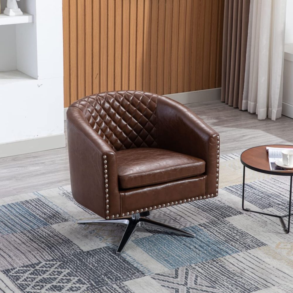 SZLIZCCC PU Swivel Barrel Chair, Velvet Swivel Accent Chair for Living Room with Nailheads and Metal Base 360 Degree Swivel Bucket Chair Armchair for Bedroom, Hotel, Office, Lounge, Nursery