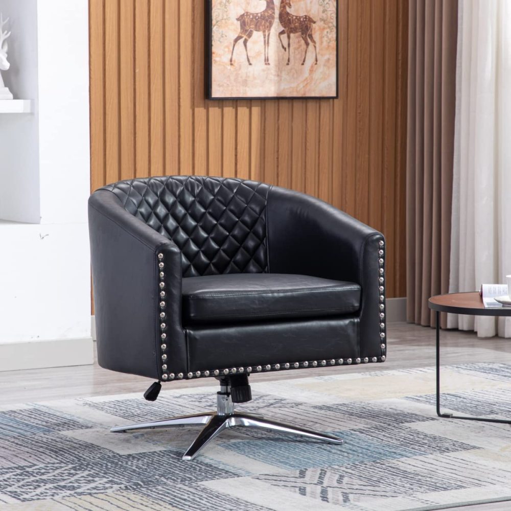 SZLIZCCC PU Swivel Barrel Chair, Velvet Swivel Accent Chair for Living Room with Nailheads and Metal Base 360 Degree Swivel Bucket Chair Armchair for Bedroom, Hotel, Office, Lounge, Nursery