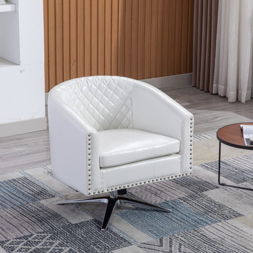 SZLIZCCC PU Swivel Barrel Chair, Velvet Swivel Accent Chair for Living Room with Nailheads and Metal Base 360 Degree Swivel Bucket Chair Armchair for Bedroom, Hotel, Office, Lounge, Nursery