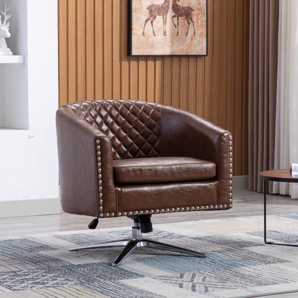 SZLIZCCC PU Swivel Barrel Chair, Velvet Swivel Accent Chair for Living Room with Nailheads and Metal Base 360 Degree Swivel Bucket Chair Armchair for Bedroom, Hotel, Office, Lounge, Nursery