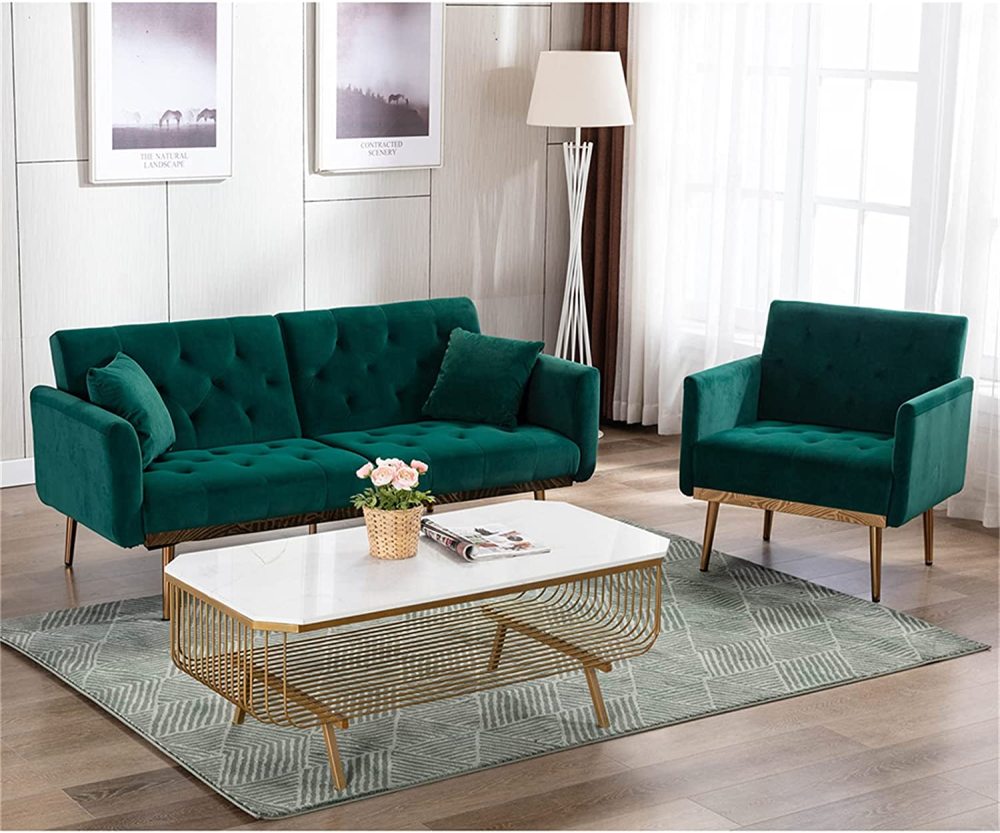 SZLIZCCC Square Velvet Accent Chair, Golden Metal Leg Single Sofa Chair, Living Room Chair, Bedroom Chair, Coffee Chair, Reception Chair