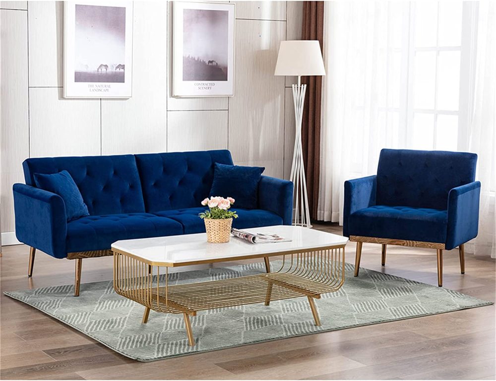 SZLIZCCC Square Velvet Accent Chair, Golden Metal Leg Single Sofa Chair, Living Room Chair, Bedroom Chair, Coffee Chair, Reception Chair