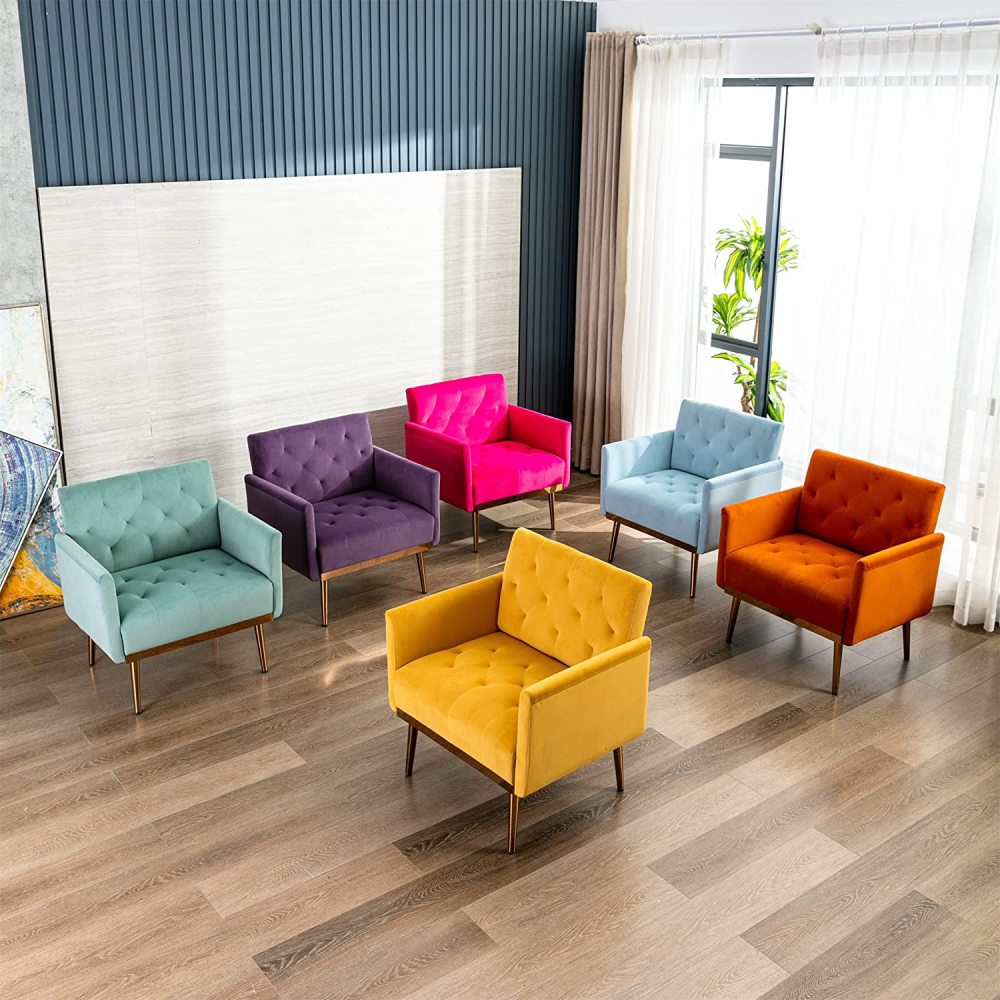 SZLIZCCC Square Velvet Accent Chair, Golden Metal Leg Single Sofa Chair, Living Room Chair, Bedroom Chair, Coffee Chair, Reception Chair