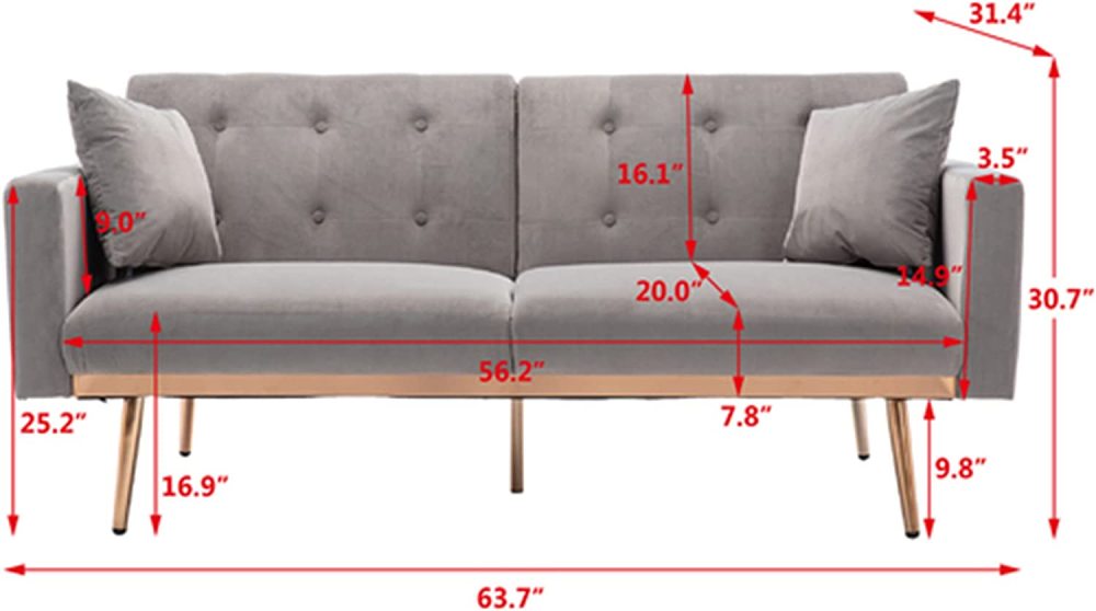 SZLIZCCC 63" Accent Sofa, Mid Century Modern Velvet Fabric Couch， Convertible Futon Sofa Bed ，Recliner Couch Accent Sofa Loveseat Sofa with Gold Metal Feet