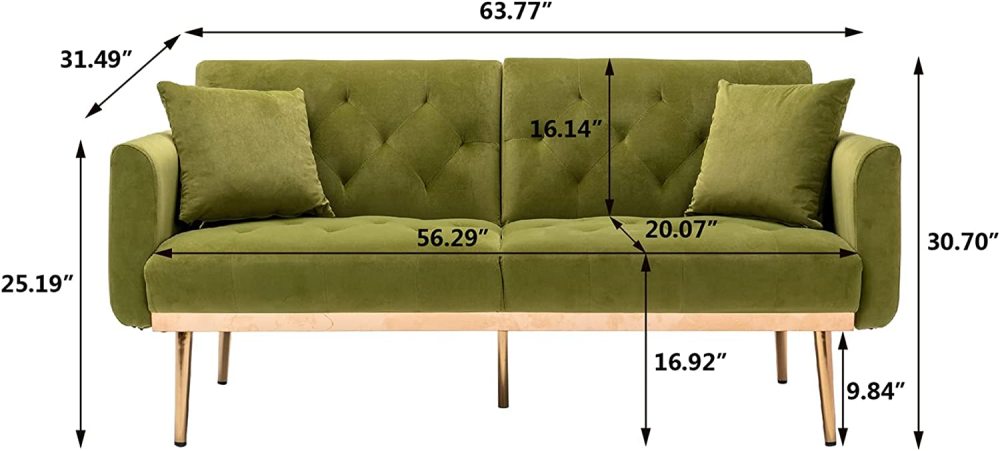 SZLIZCCC 63" Accent Sofa, Mid Century Modern Velvet Fabric Couch， Convertible Futon Sofa Bed ，Recliner Couch Accent Sofa Loveseat Sofa with Gold Metal Feet