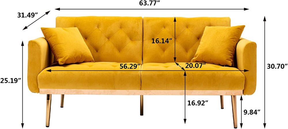 SZLIZCCC 63" Accent Sofa, Mid Century Modern Velvet Fabric Couch， Convertible Futon Sofa Bed ，Recliner Couch Accent Sofa Loveseat Sofa with Gold Metal Feet